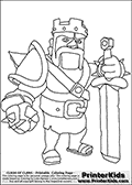 Coloring page with the Barbarian King character from the extremely popular Clash of Clans App. The Barbarian King is one of the most powerful troops in the game, it is an immortal unit that can be used to defend or attack with.