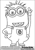 Coloring page with a Minion from Despicable Me and Despicable Me 2. This coloring page for printing show a Despicable Me Minion pointing upwards with the left hand.