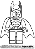 Coloring page showing one of the extremely popular Lego Batman character figures based on the DC Comics character Batman with his impressive cape or cloak on. This printable colouring sheet show the Lego Batman character standing with both hands down the sides in his standard gear including his cape or cloak. The hands are open - or empty.