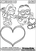 Coloring page with Smurfette trying to kiss with her eyes closed and a rose in her hand. Next to her is Dave - the minion from Despicable me leaning up agaisnt a pile of hearts. Below the two love themed characters is a large heart where you can write your own Valentines day message or similar.