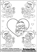 Coloring page with the Despicable Me Minion Dave and 4 female smurf flower queens, two Smurfette flower queens and two Vexy Smurf flower queens. This variation of the Smurfette and Vexy Smurf colouring sheets has Dave, one of the many awesome minions from the Despicable Me movies drawn in the middle of the page, in front of a single large Heart at the center of the page. The large heart can be colored or used to write a romantic message. The sheet also has small hearts and the colorable smurf queens.